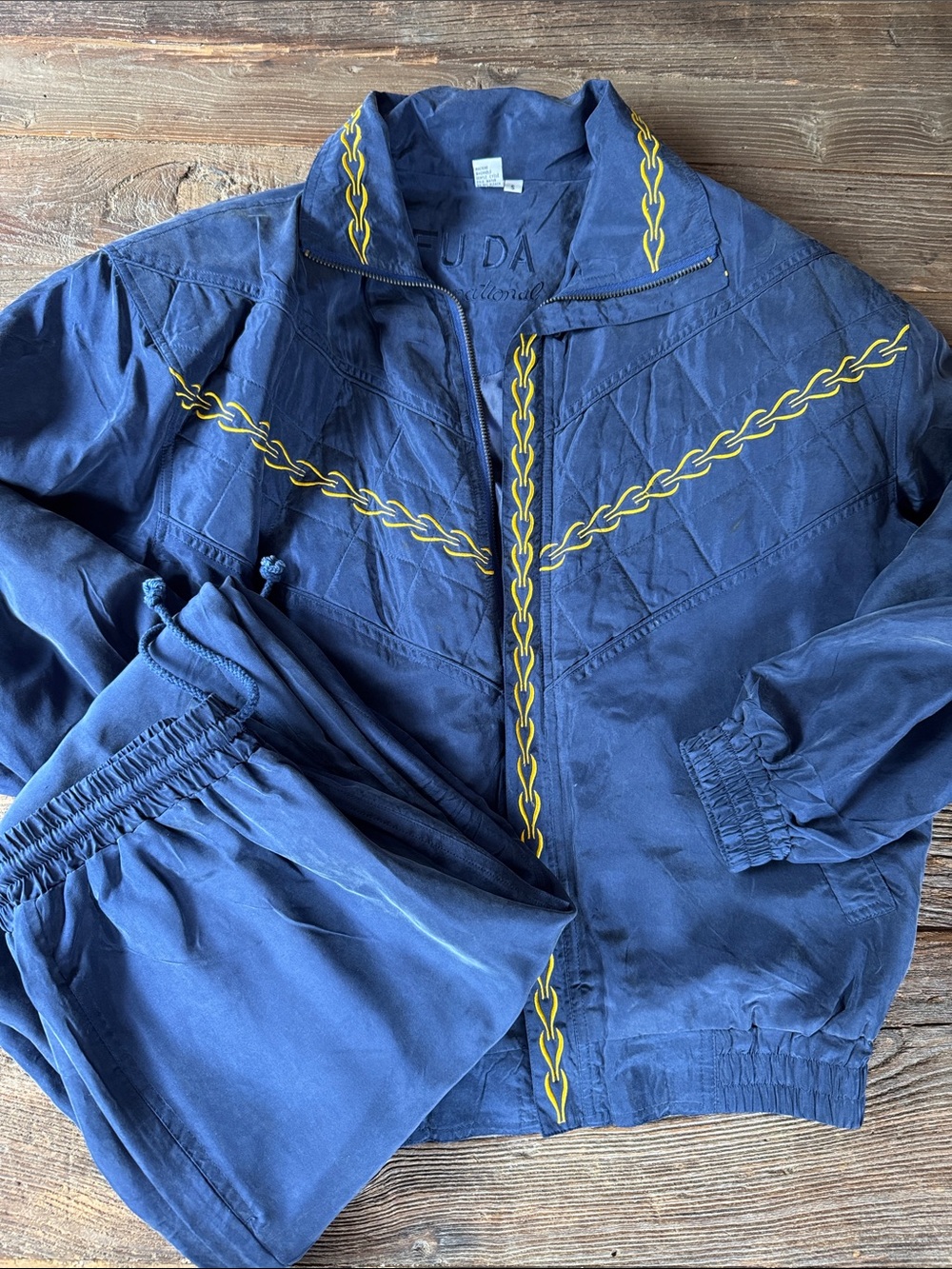 Fuda International 1990’s navy silk embroidered track suit windbreaker suit S/M